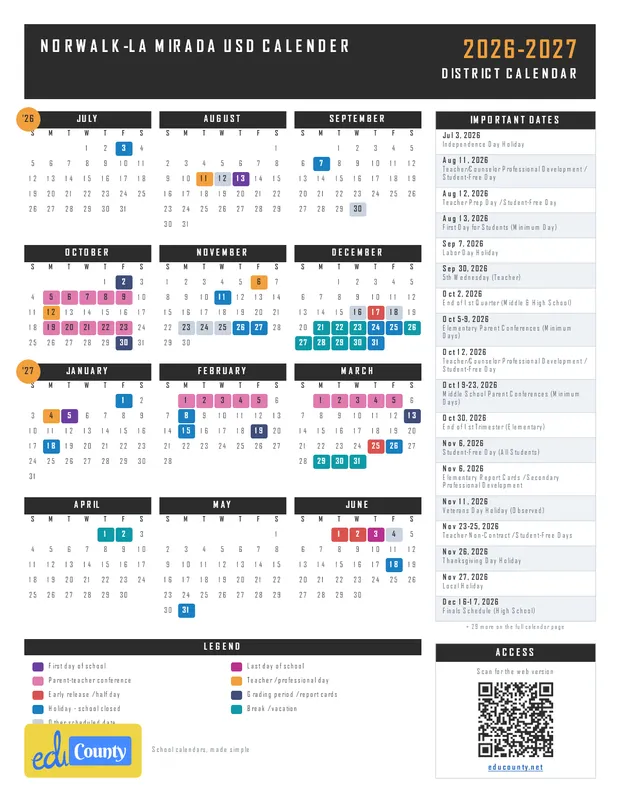 Norwalk-La Mirada USD Calender printable 2026-27 calendar