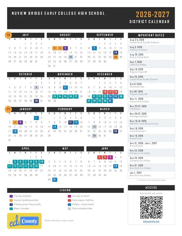 Nuview Bridge Early College High School printable 2026-27 calendar
