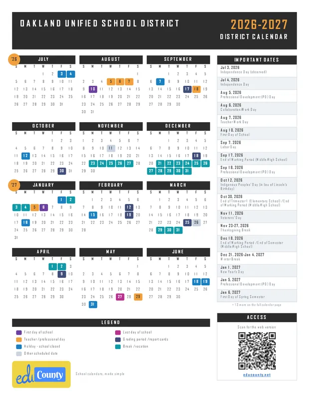 Oakland Unified School District printable 2026-27 calendar