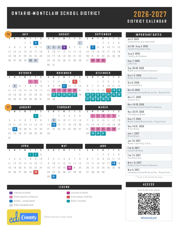 Ontario-Montclair School District printable 2026-27 calendar