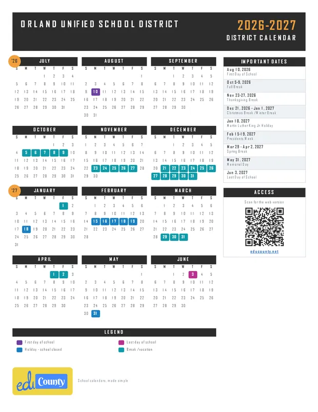 Orland Unified School District printable 2026-27 calendar