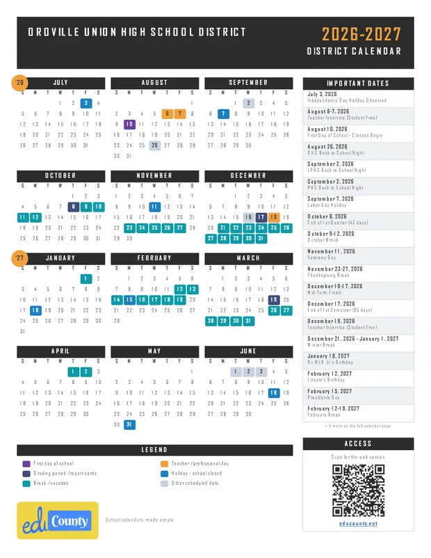 Oroville Union High School District printable 2026-27 calendar