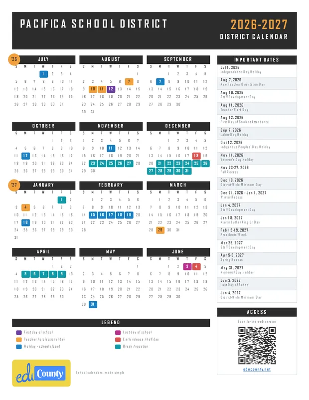 Pacifica School District printable 2026-27 calendar