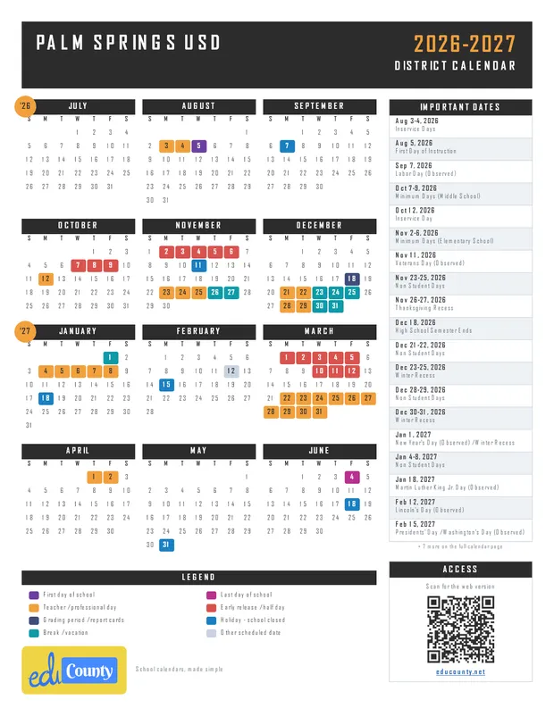 Palm Springs USD printable 2026-27 calendar