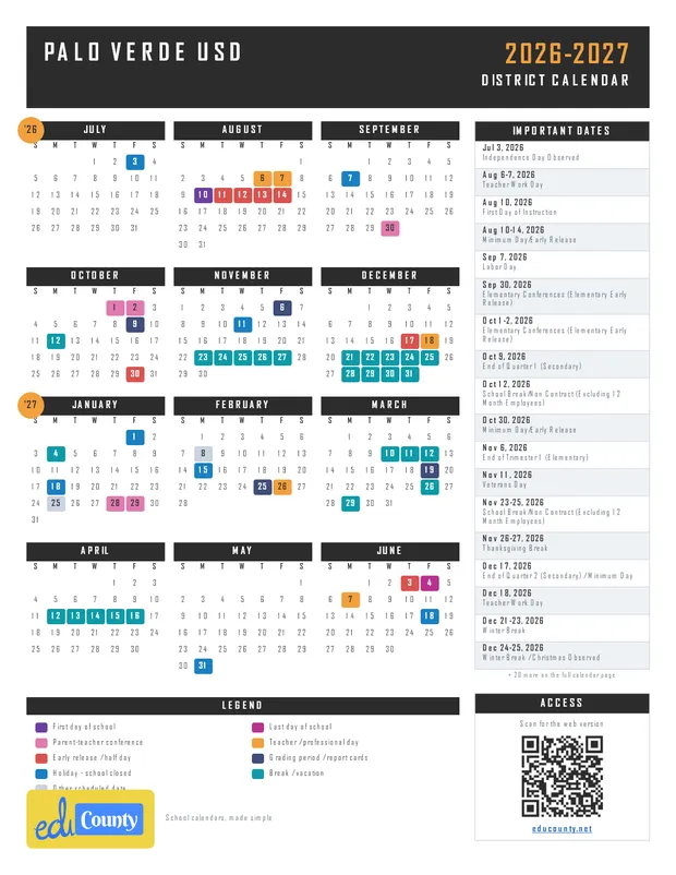 Palo Verde USD printable 2026-27 calendar