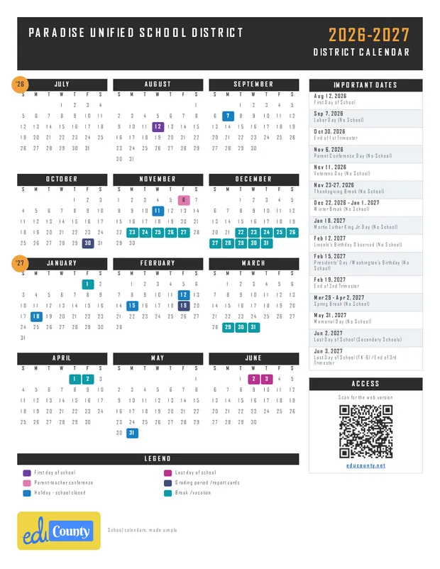 Paradise Unified School District printable 2026-27 calendar