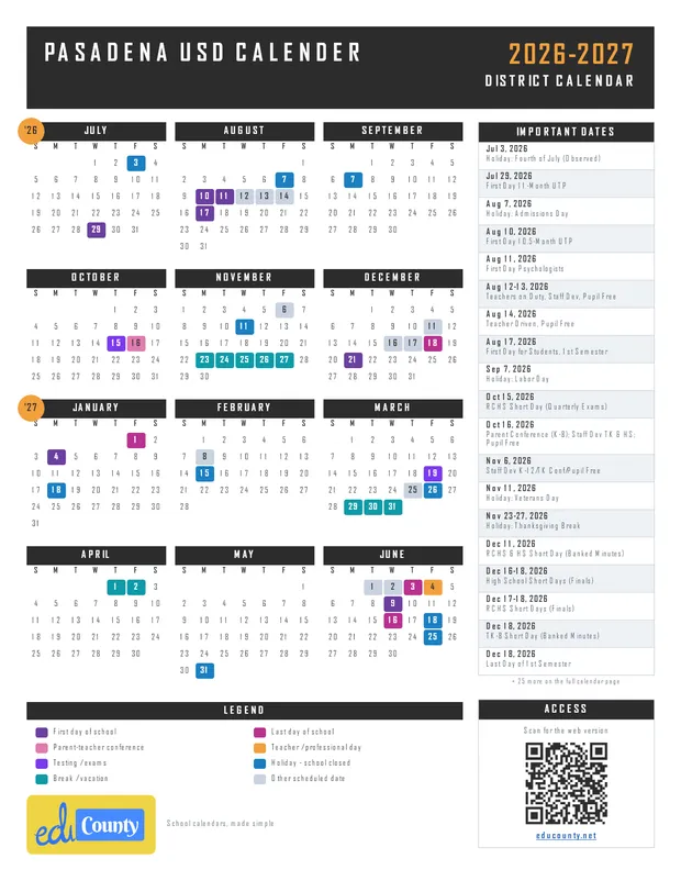 Pasadena USD Calender printable 2026-27 calendar