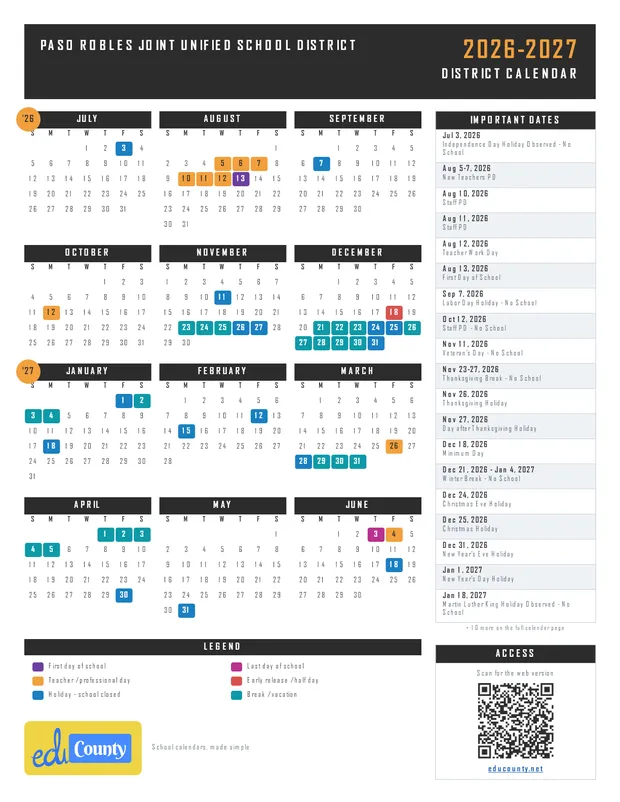 Paso Robles Joint Unified School District printable 2026-27 calendar