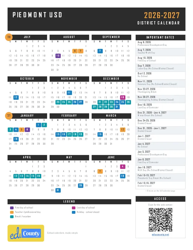Piedmont Unified School District USD printable 2026-27 calendar
