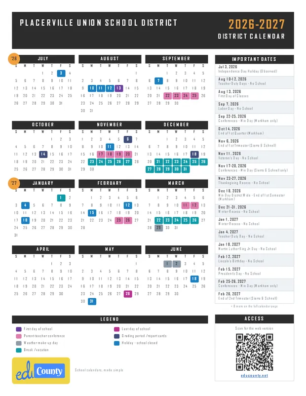 Placerville Union School District printable 2026-27 calendar