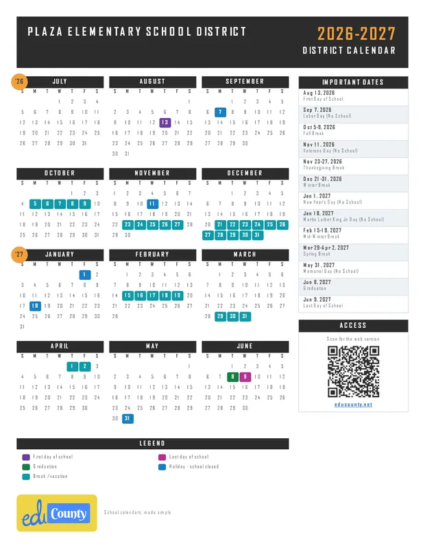 Plaza Elementary School District printable 2026-27 calendar