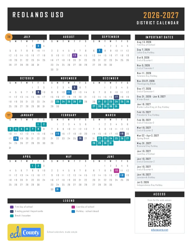 Redlands USD printable 2026-27 calendar