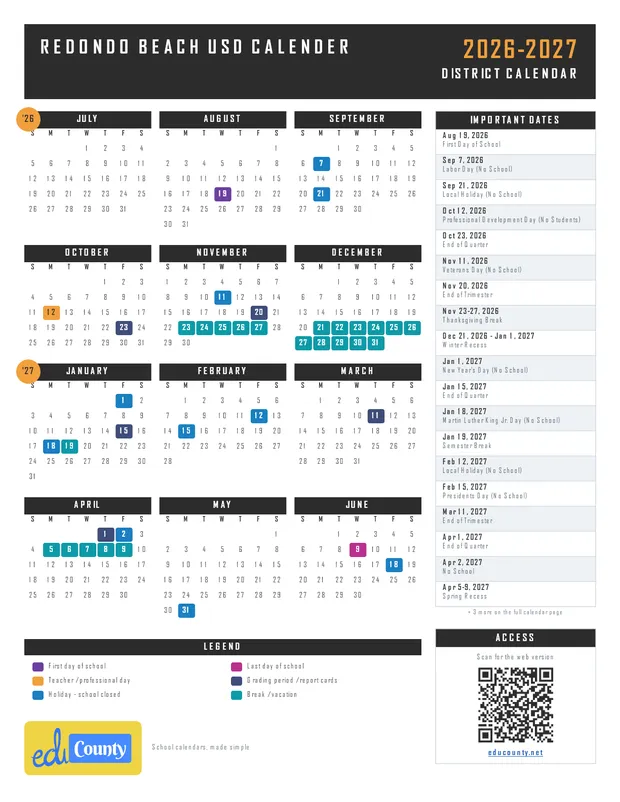 Redondo Beach USD Calender printable 2026-27 calendar