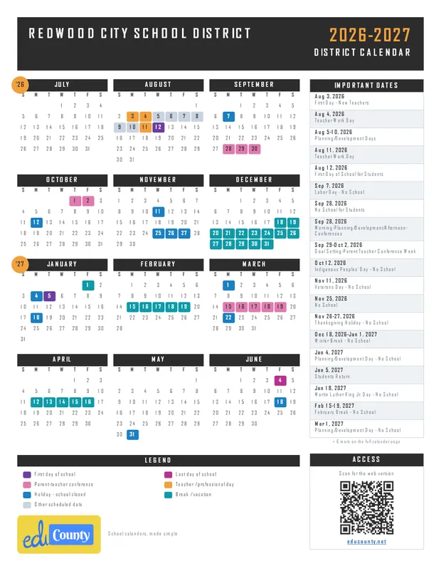 REDWOOD CITY SCHOOL DISTRICT printable 2026-27 calendar