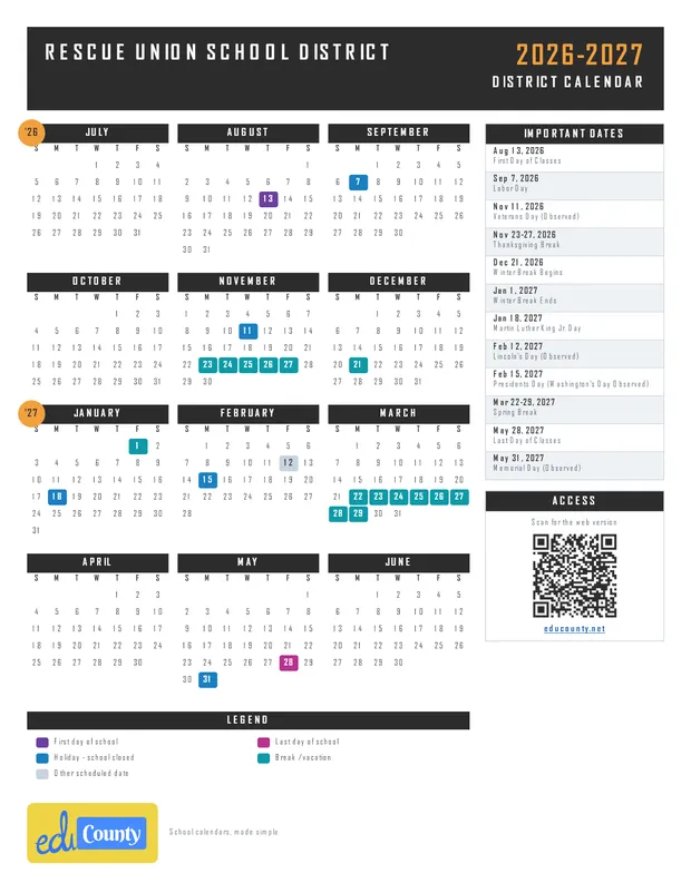 Rescue Union School District printable 2026-27 calendar