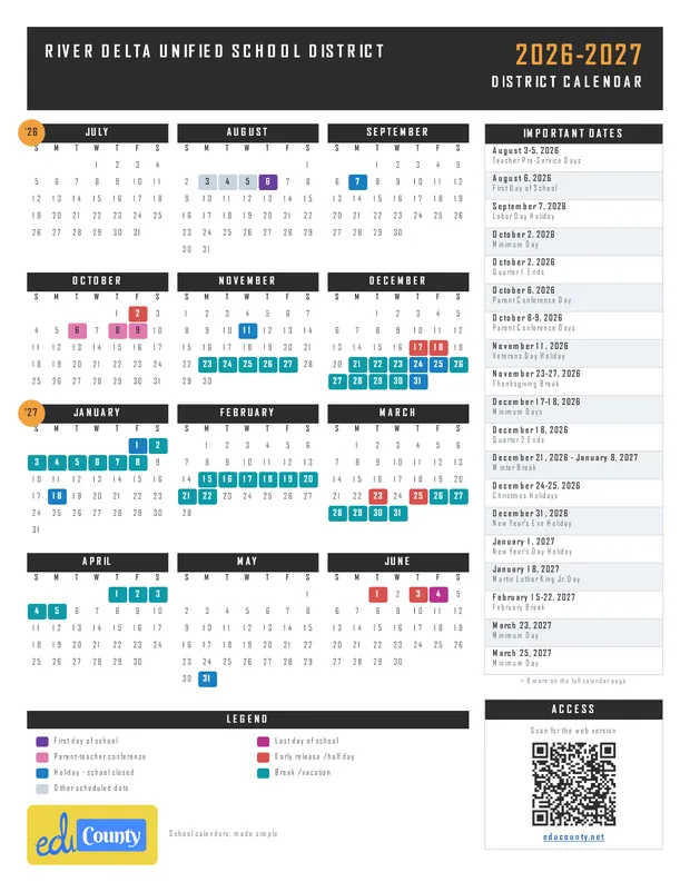River Delta Unified School District printable 2026-27 calendar