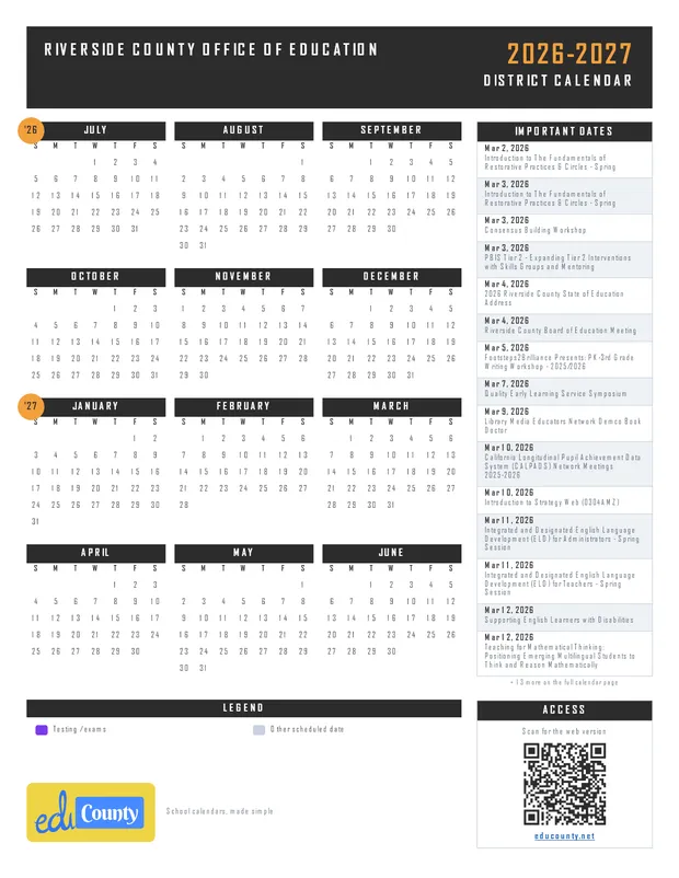Riverside county office of education printable 2026-27 calendar