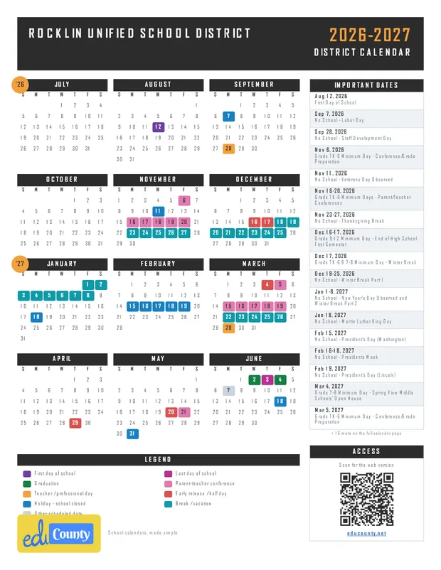 Rocklin Unified School District printable 2026-27 calendar