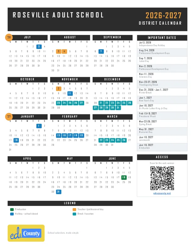 Roseville Adult School printable 2026-27 calendar
