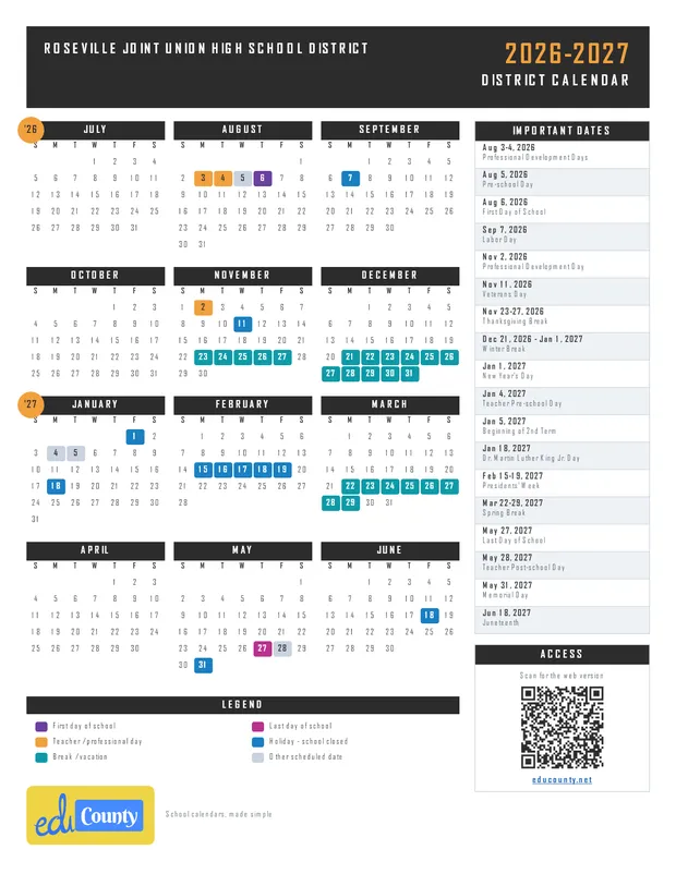 Roseville Joint Union High School District printable 2026-27 calendar