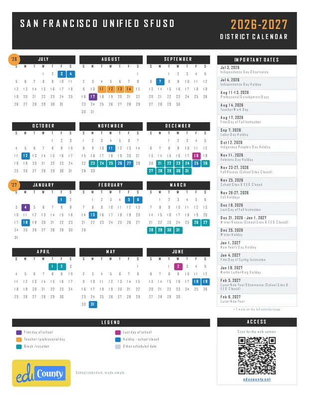 San Francisco Unified SFUSD printable 2026-27 calendar