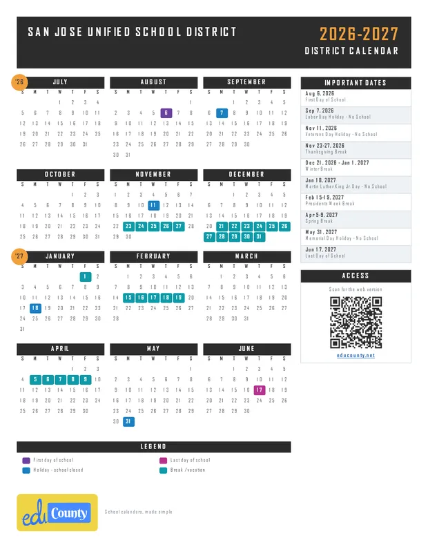 San José Unified School District SJUSD printable 2026-27 calendar