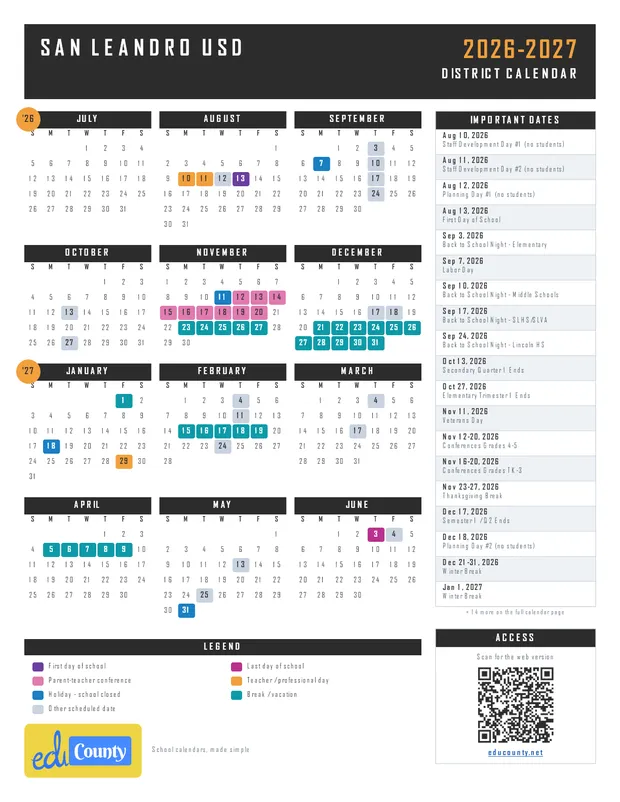 San Leandro Unified School District USD printable 2026-27 calendar