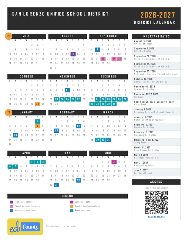 San Lorenzo Unified School District printable 2026-27 calendar