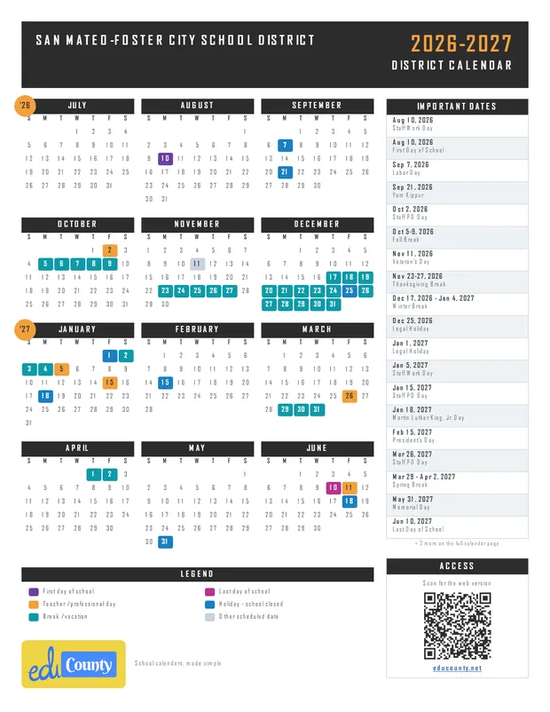 SAN MATEO-FOSTER CITY SCHOOL DISTRICT printable 2026-27 calendar