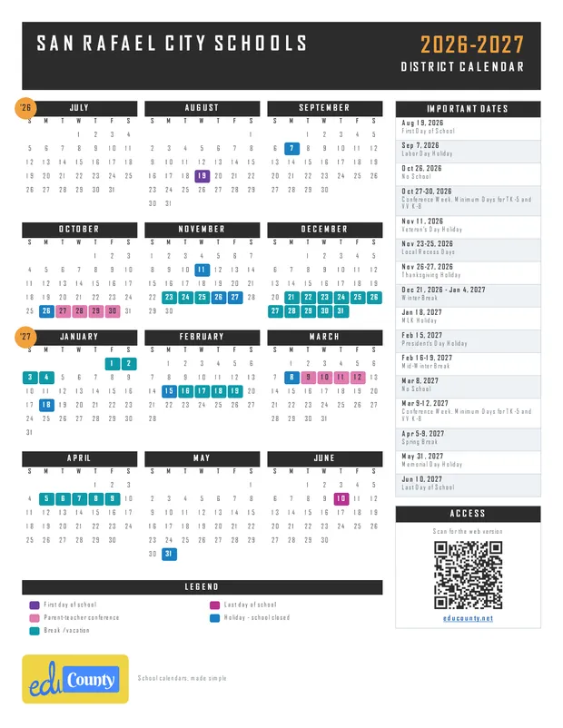 San Rafael City Schools printable 2026-27 calendar