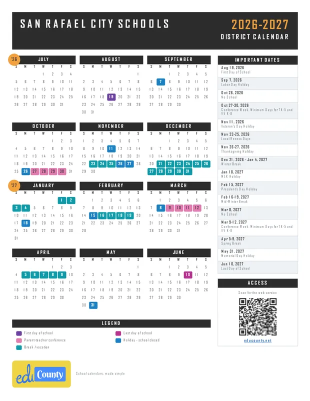 San Rafael City Schools printable 2026-27 calendar