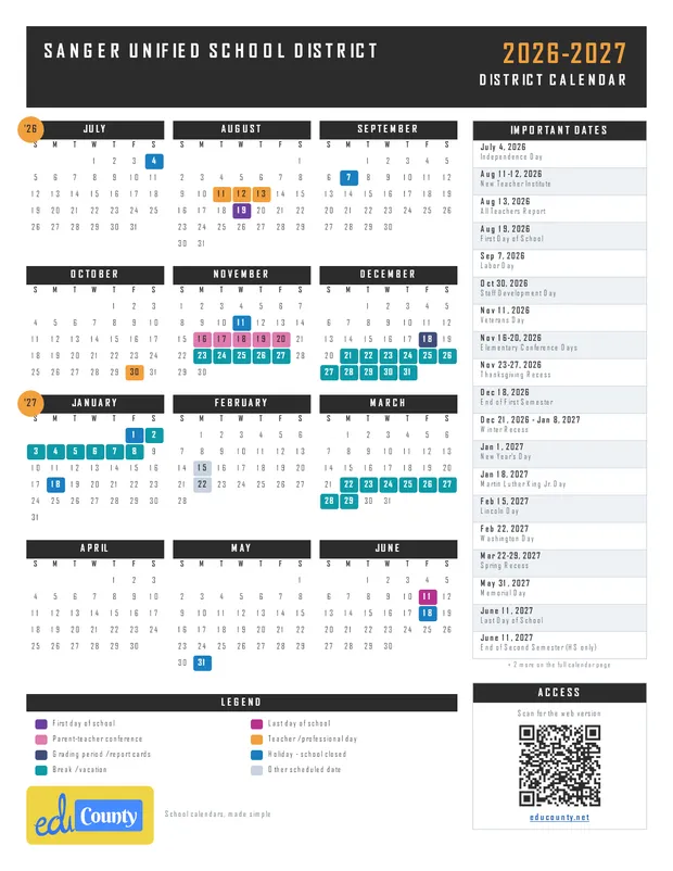 Sanger Unified School District printable 2026-27 calendar