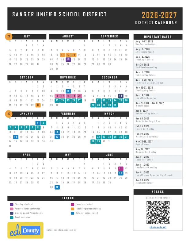 Sanger Unified School District printable 2026-27 calendar