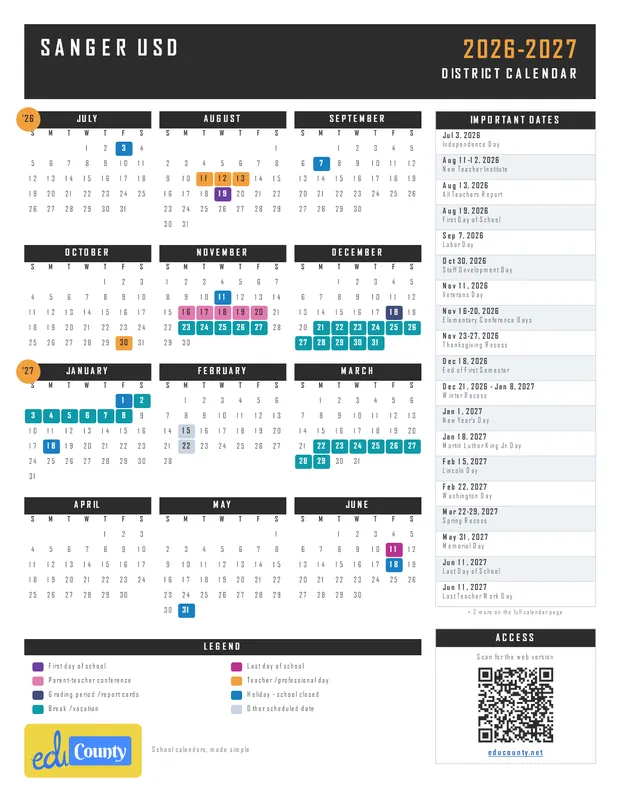 Sanger Unified School District USD printable 2026-27 calendar