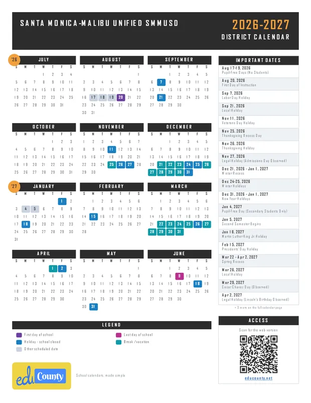 Santa Monica-Malibu Unified SMMUSD printable 2026-27 calendar