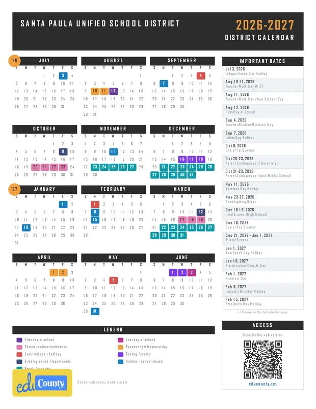 Santa Paula Unified School District printable 2026-27 calendar
