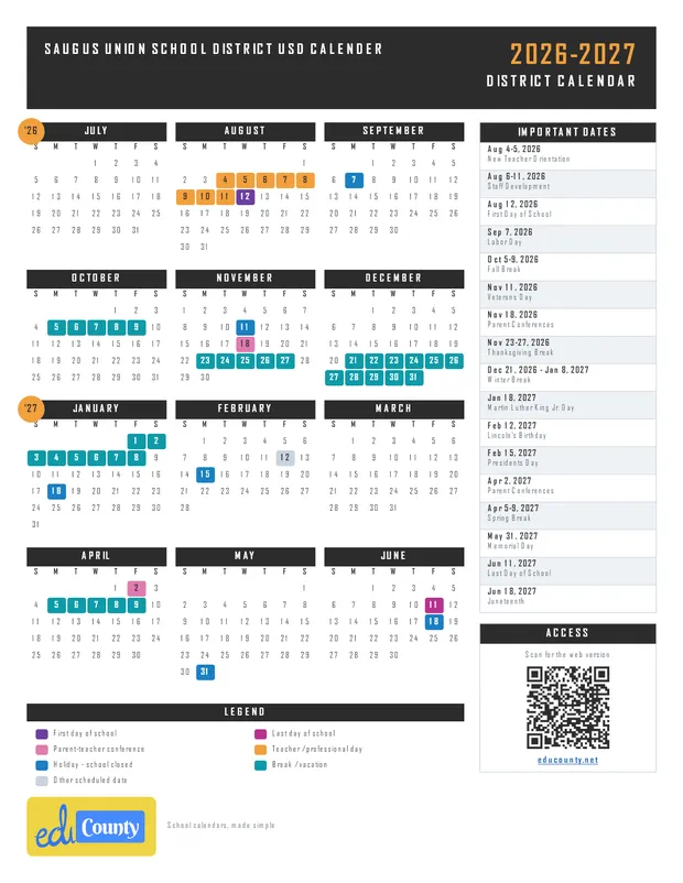 Saugus Union School District USD Calender printable 2026-27 calendar