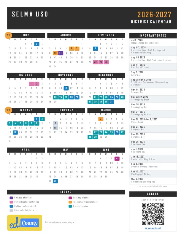 Selma Unified School District USD printable 2026-27 calendar