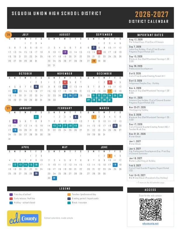 Sequoia Union High School District printable 2026-27 calendar