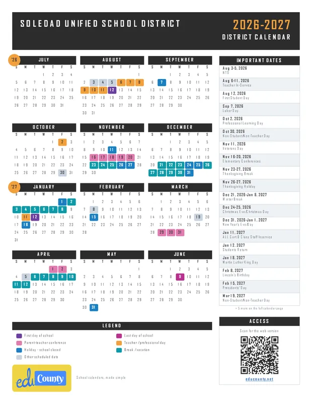 Soledad Unified School District printable 2026-27 calendar
