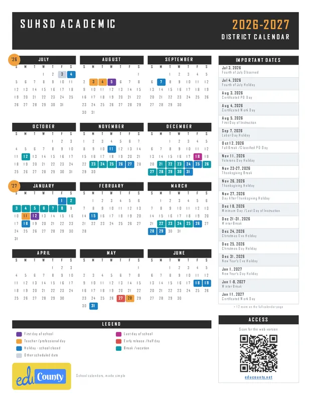 SUHSD Academic printable 2026-27 calendar