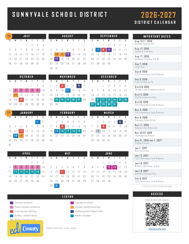 Sunnyvale School District printable 2026-27 calendar