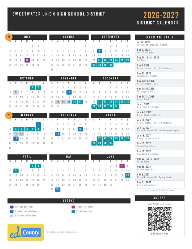 Sweetwater Union High School District printable 2026-27 calendar