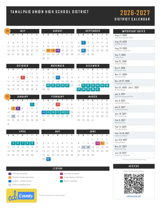 Tamalpais Union High School District TUHSD printable 2026-27 calendar