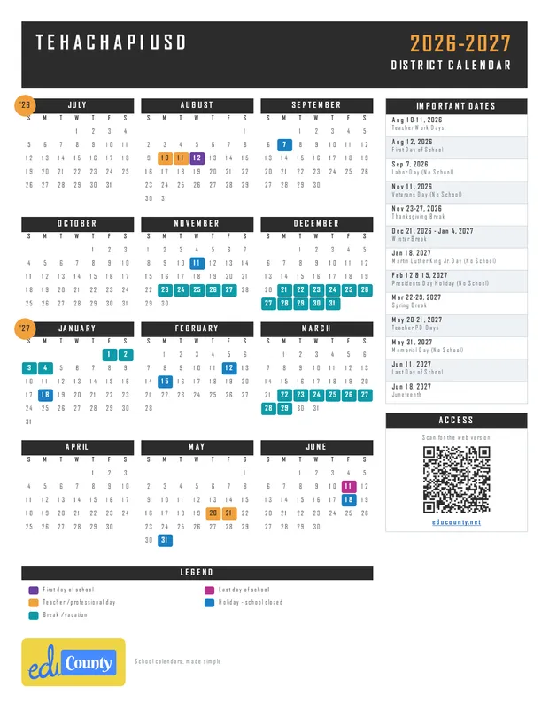 Tehachapi Unified School District USD printable 2026-27 calendar