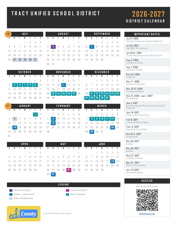 Tracy Unified School District printable 2026-27 calendar