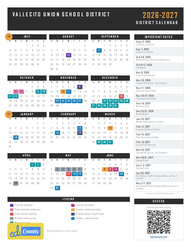 Vallecito Union School District printable 2026-27 calendar
