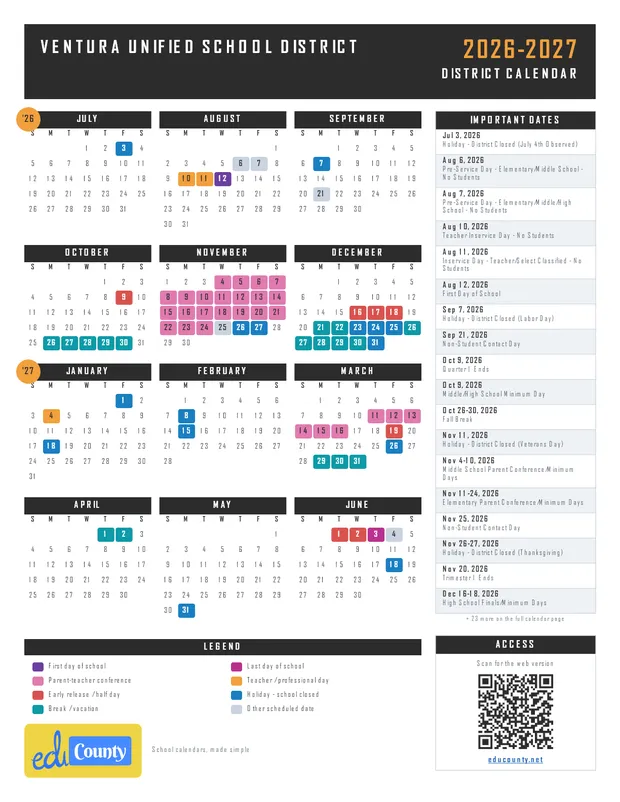 Ventura Unified School District printable 2026-27 calendar