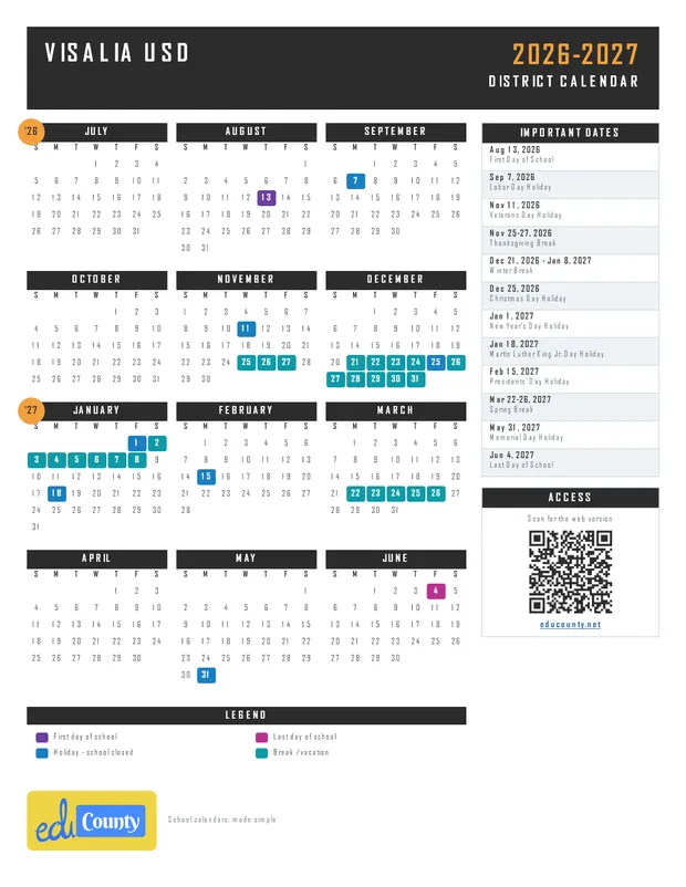 Visalia Unified School District USD printable 2026-27 calendar