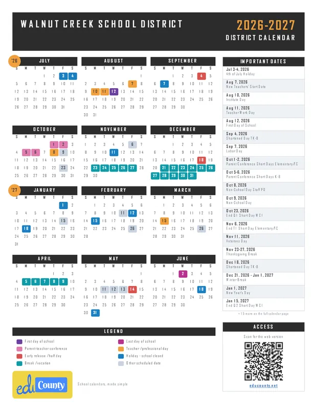 Walnut Creek School District printable 2026-27 calendar